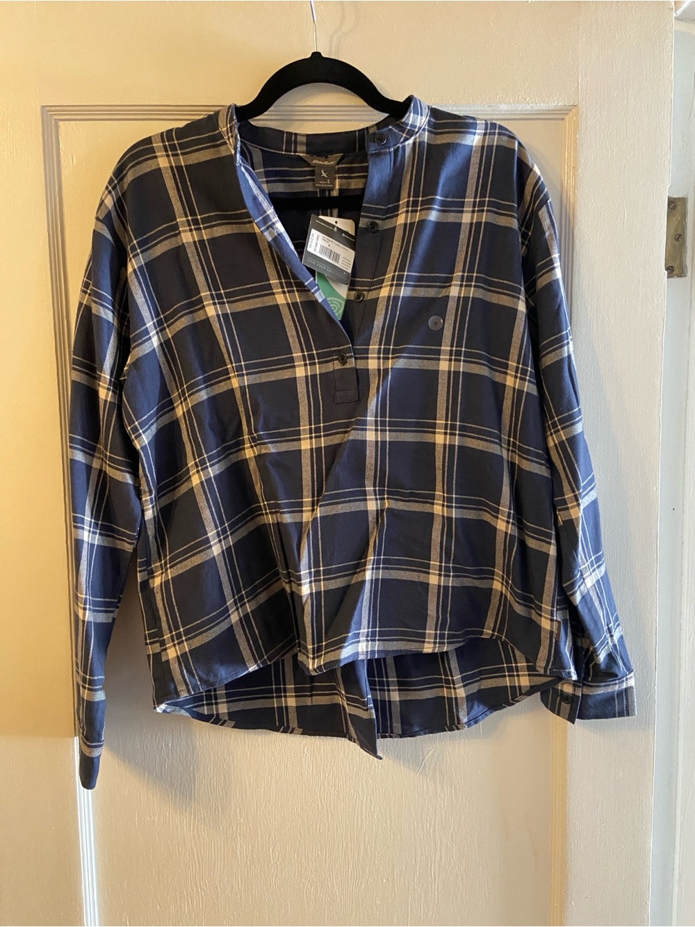 Eddie Bauer Plaid Popover Shirt - Navy & Cream
